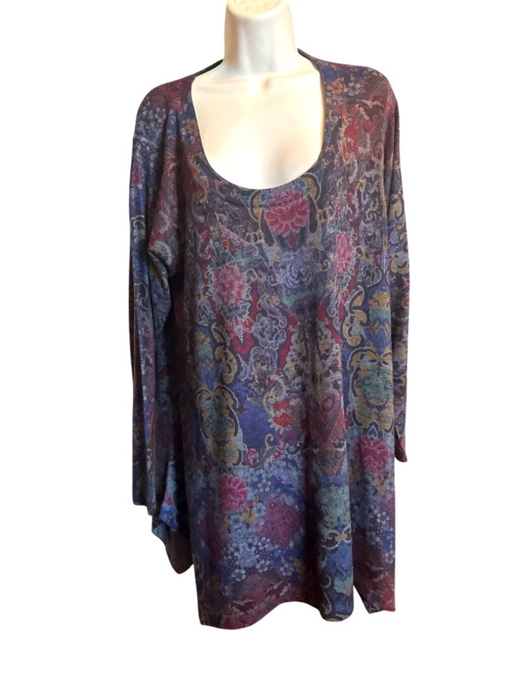 Soft Surroundings Tunic Top L Dark Moody Blue Floral Paisley USA Made Boho Artsy